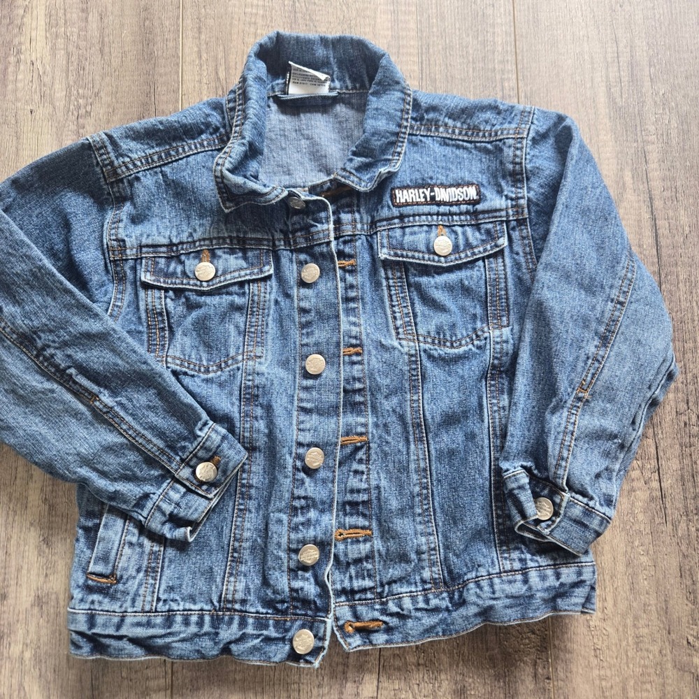 Harley-Davidson Kids Denim Jacket Medium Wash Bar & Shield Logo Size 7 Blue